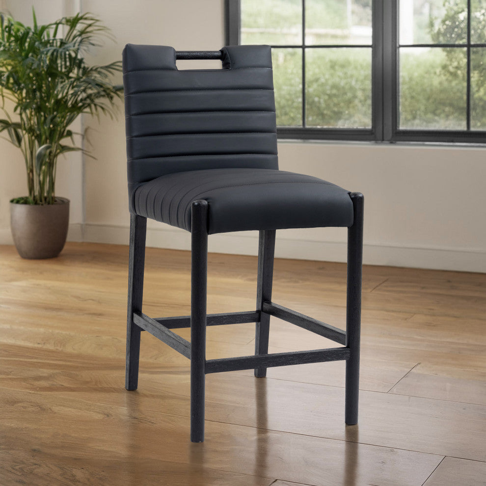 Aimee Upholstered Counter Stool, Black, Vegan Leather, Black Finish