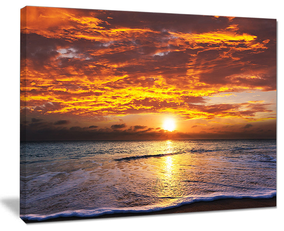 "Yellow Sunset Above Foaming Waves" Modern Beach Canvas Art Print, 20"x12"