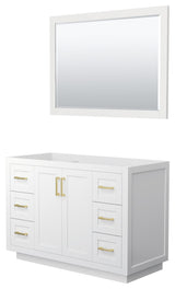 48" Single Bath Vanity, White, No Countertop, Gold Trim, 46" Mirror