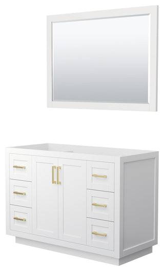 48" Single Bath Vanity, White, No Countertop, Gold Trim, 46" Mirror
