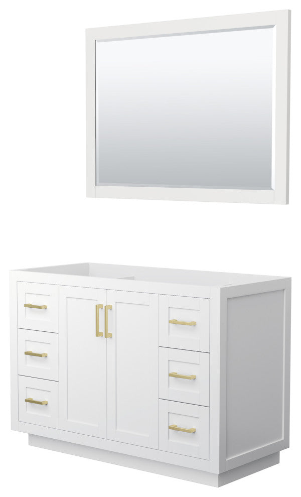 48" Single Bath Vanity, White, No Countertop, Gold Trim, 46" Mirror