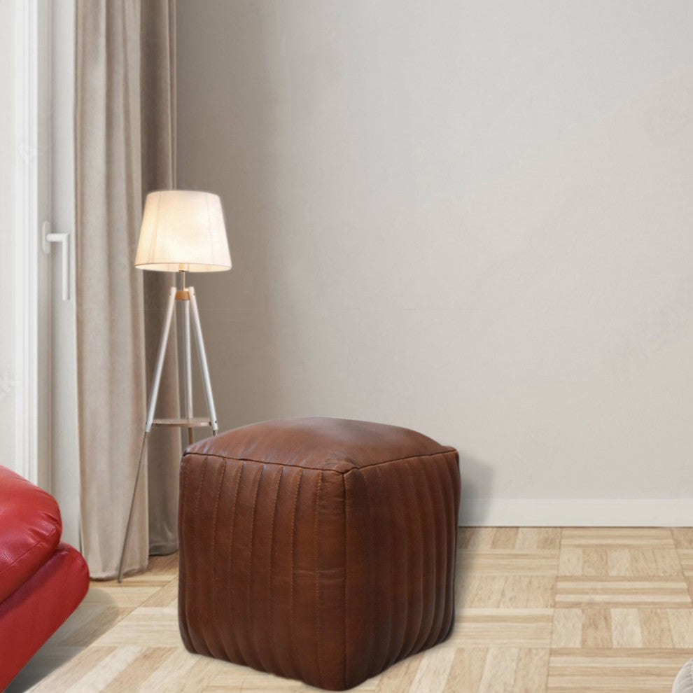 Poufs-Solid Handmade Goat Leather Pouf, Recycled Cotton Fill, Brown, Square [16x16x16]