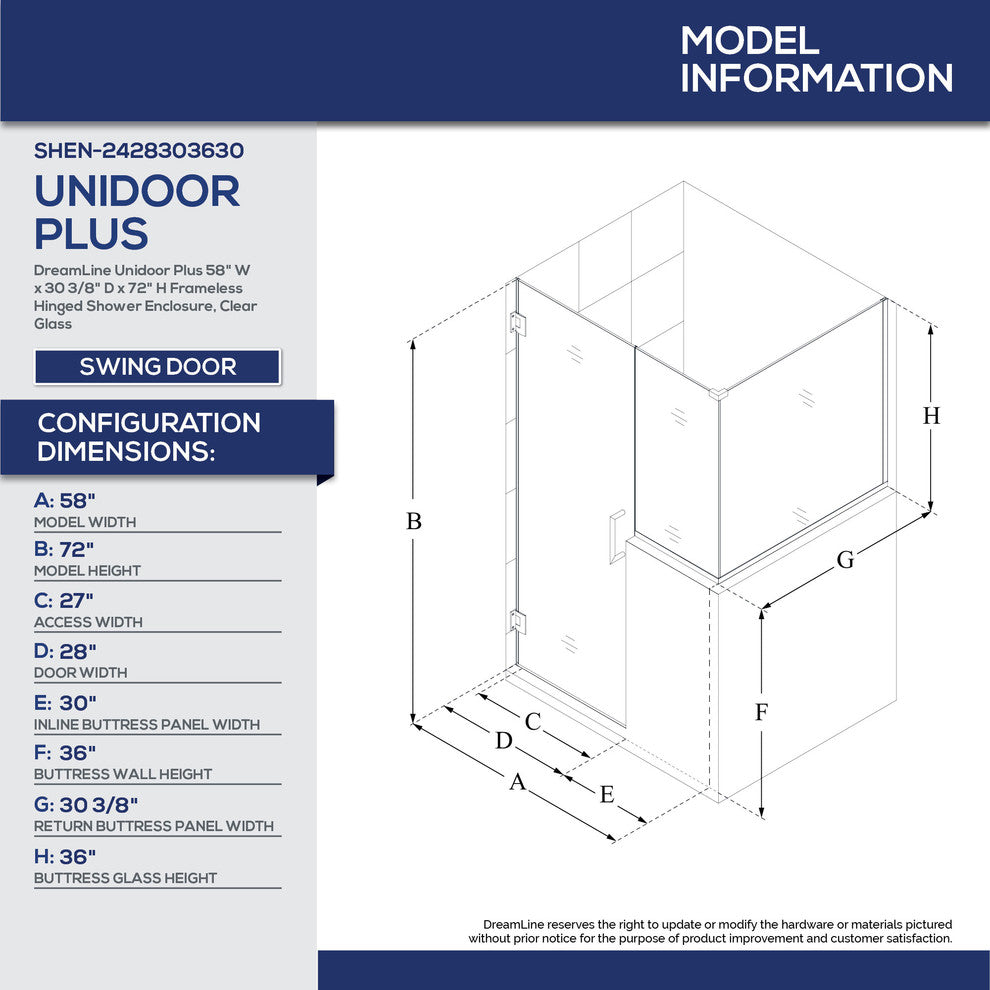 Unidoor Plus 58"x30.38"x72" Shower Enclosure, Oil Rubbed Bronze