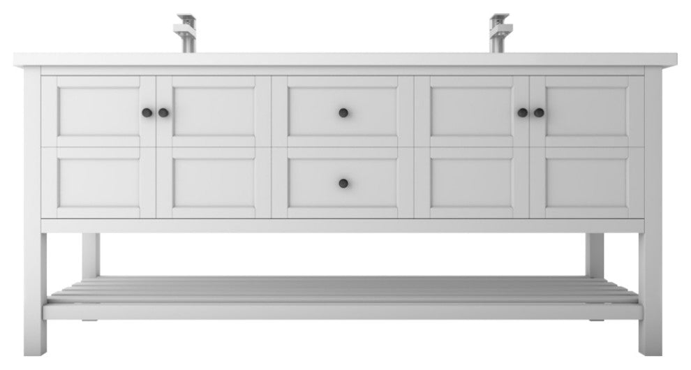 CastelloUSA Alicia 72" Freestanding Vanity Set, White, White Top, Black Handles