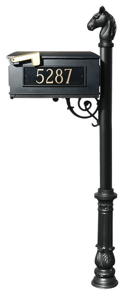 Mailbox Post System Ornate Base 3-Cast Aluminum Personalized Address Plate, Blac