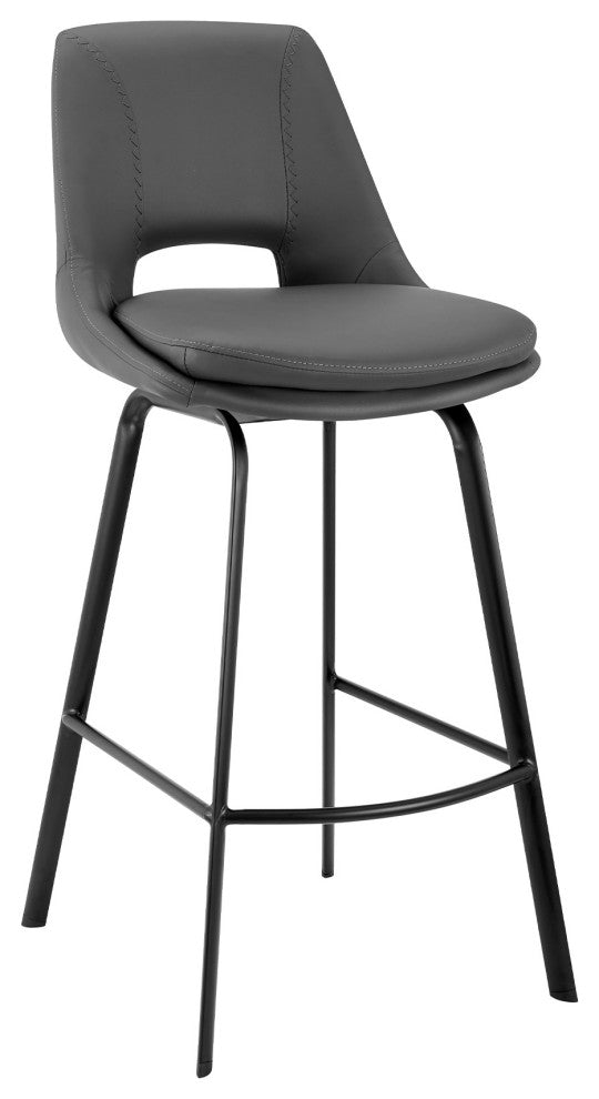 26" Elegant Gray Faux Leather and Black Metal Armless Swivel Counter Stool