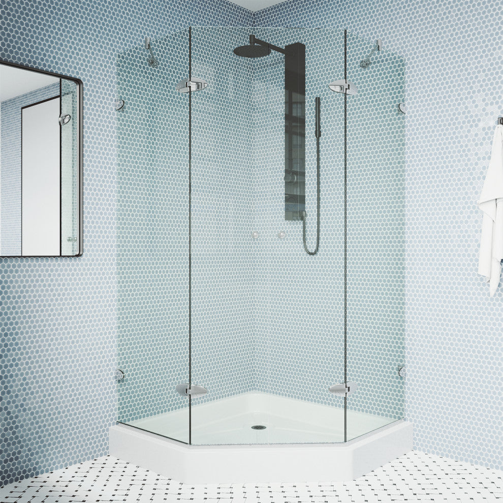 VIGO Gemini Frameless Hinged Neo-Angle Shower Enclosure, Chrome, 48" D X 47" W, High Base