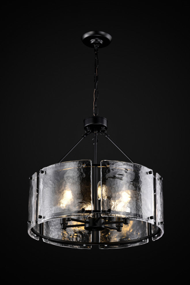 6-Light Matte Black Drum Pendant Design Chandelier With Rippled Glass