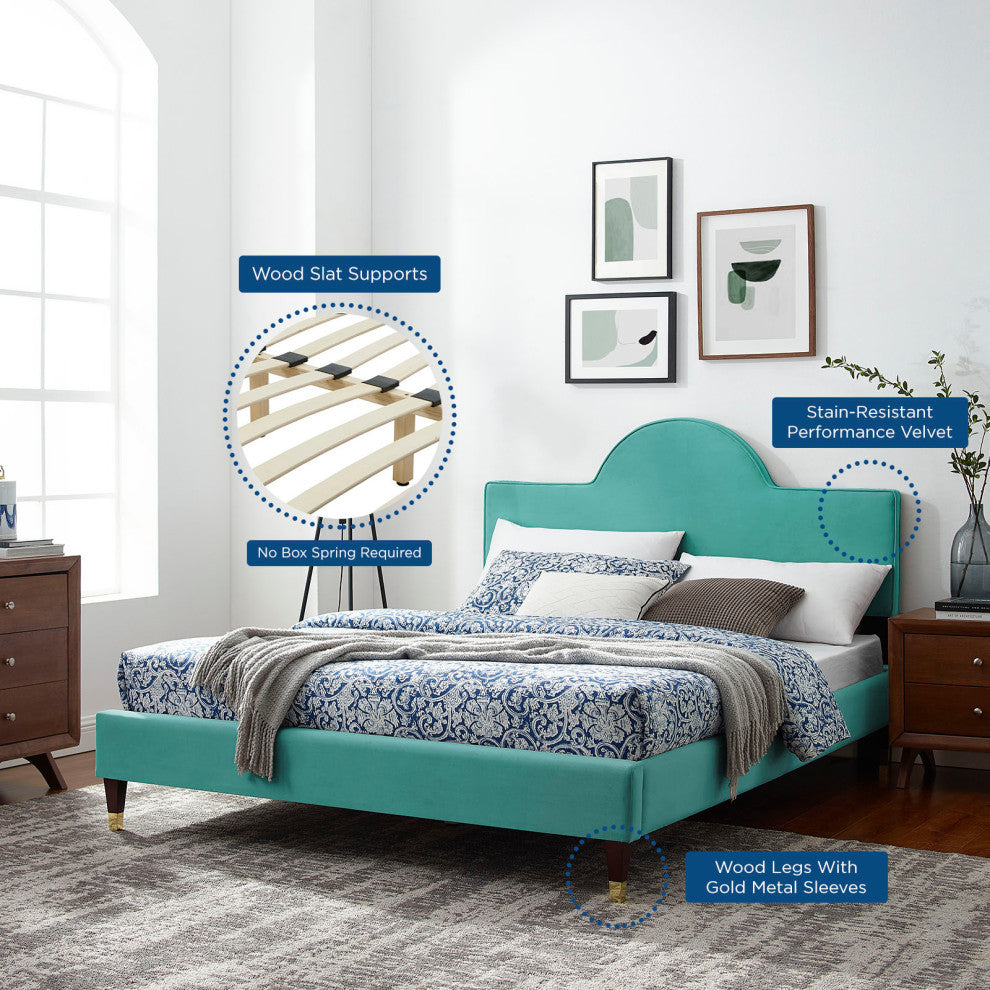 Platform Bed Frame, King Size, Teal Blue, Velvet, Modern, Bedroom Guest Suite