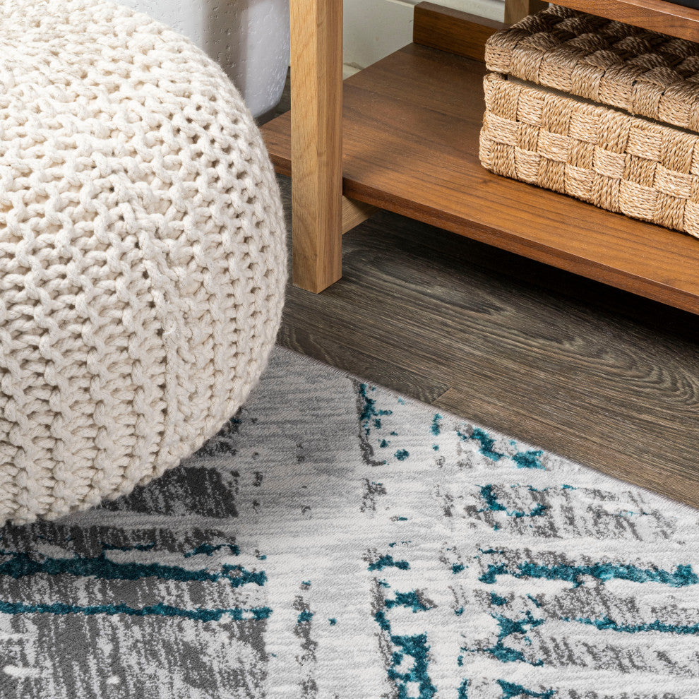 Slant Modern Abstract Area Rug, Gray/Turquoise, 2'x10'