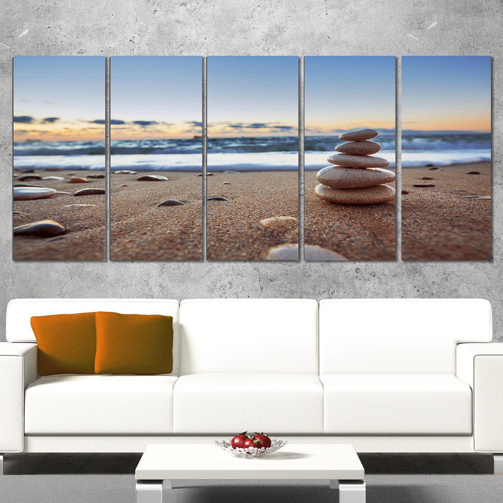 Stones Balance on Sandy Beach, Seashore Canvas Art Print, 60"x28", 5 Panels