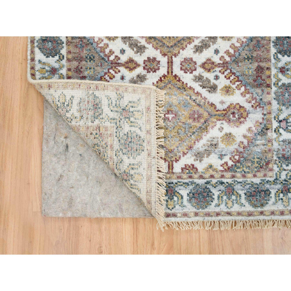 Ivory Wool Hand Knotted Flower Rosettes Border XL Runner Oriental Rug 2'7"x18'