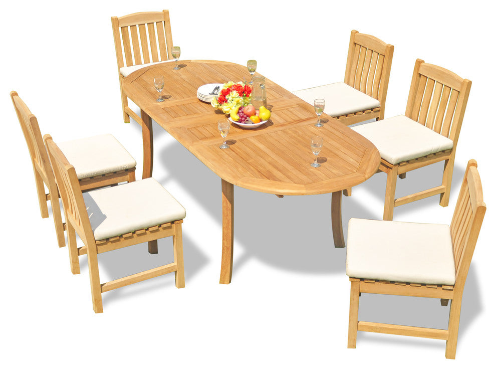 7-Piece Outdoor Teak Dining Set 94" Extension Oval Table, 6 Devon Armless Chairs