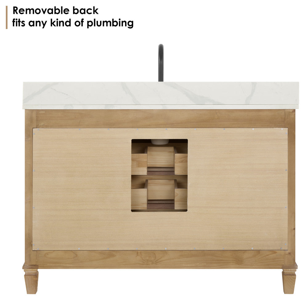 Solana Bathroom Vanity with Calacatta White Quartz Stone Countertop, Weathered Fir, 48", Without Mirror