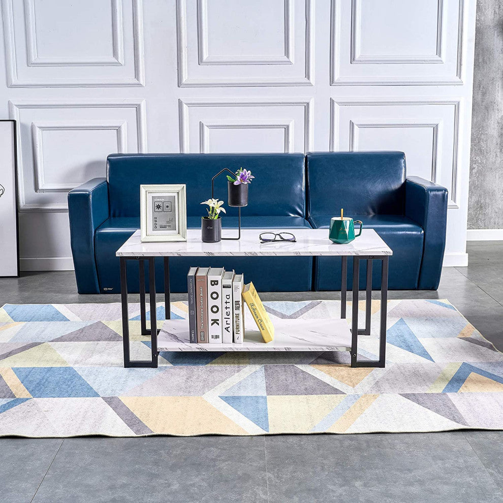 Faux Marble Rectangle Tabletop, 2 Layers Coffee Table for Living Room