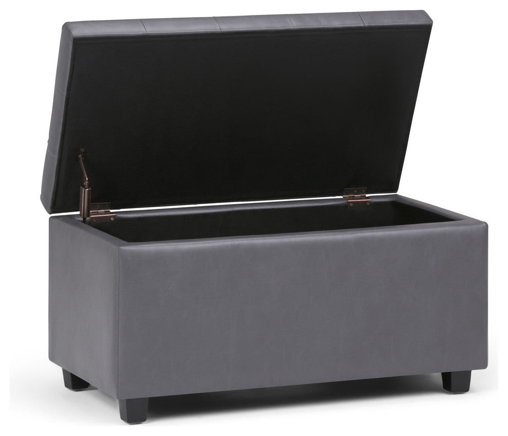 34 Inch Wide Rectangle Storage Ottoman In Stone Grey Faux Leather