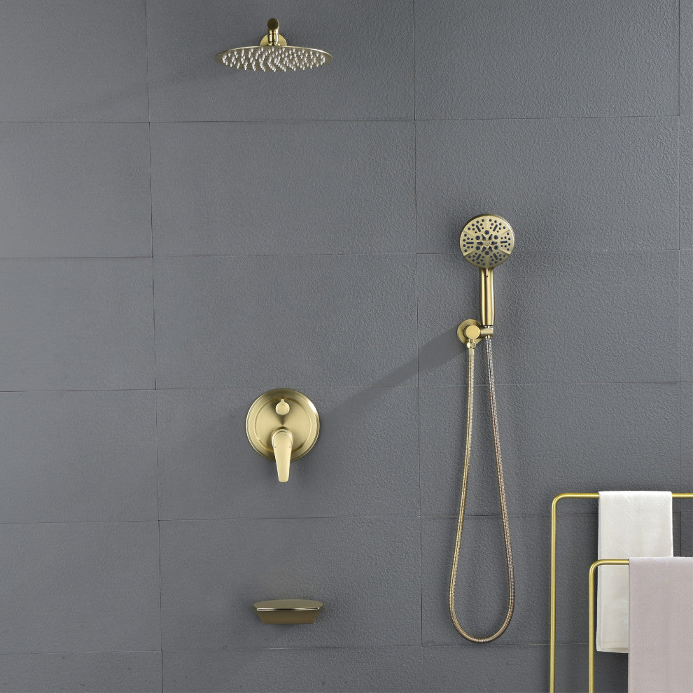 Wellfor Shower Faucet Set, 10" Ceiling Shower Head, Handheld Shower, Tub Spout, Brushed Gold
