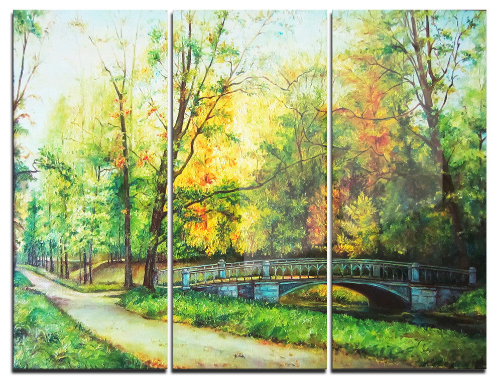 "Bridge in Colorful Forest" Metal Wall Art, 3 Panels, 36"x28"