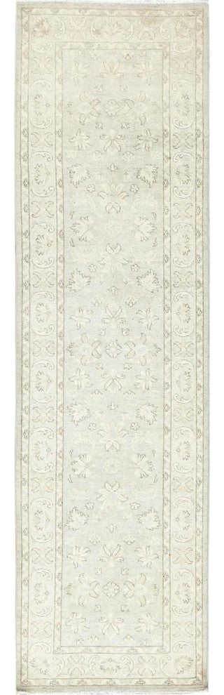 Ivory, Hand Knotted, Afghan Stone Washed Peshawar, Wool, Runner Rug, 2'9"x9'7"