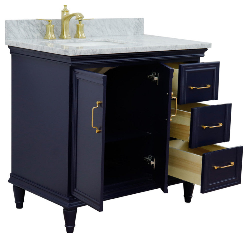 37" Single Vanity, Blue Finish With White Carrara