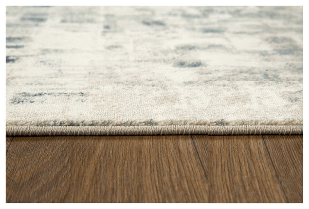8"x11" Beige Blue Abstract Tiles Distressed Area Rug