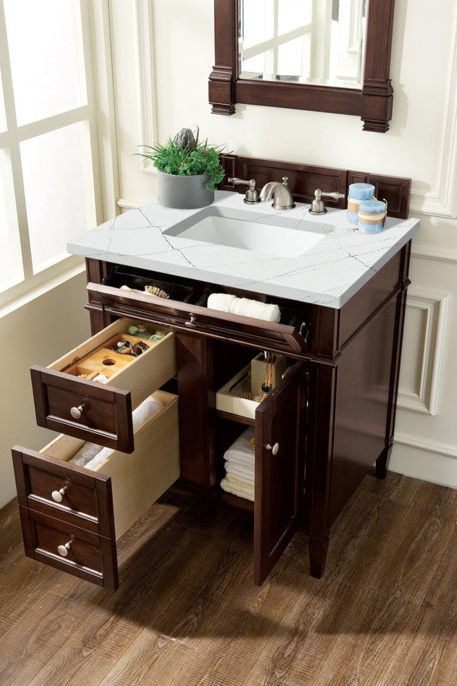 James Martin 650-V30-BNM-3ENC 30" Single Vanity Burnished Mahogany + Quartz Top