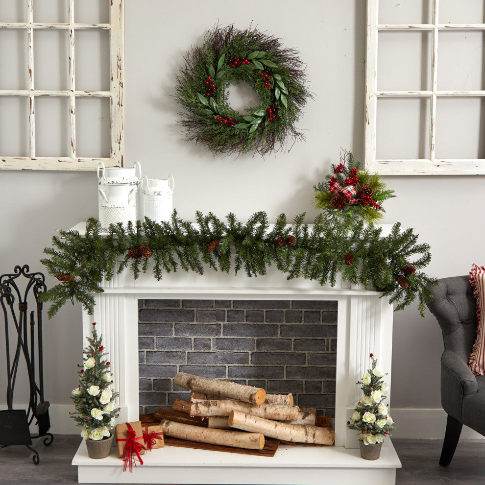 Nearly Natural NN4362 20" Cedar and Ruscus With Berries Artificial Wreath
