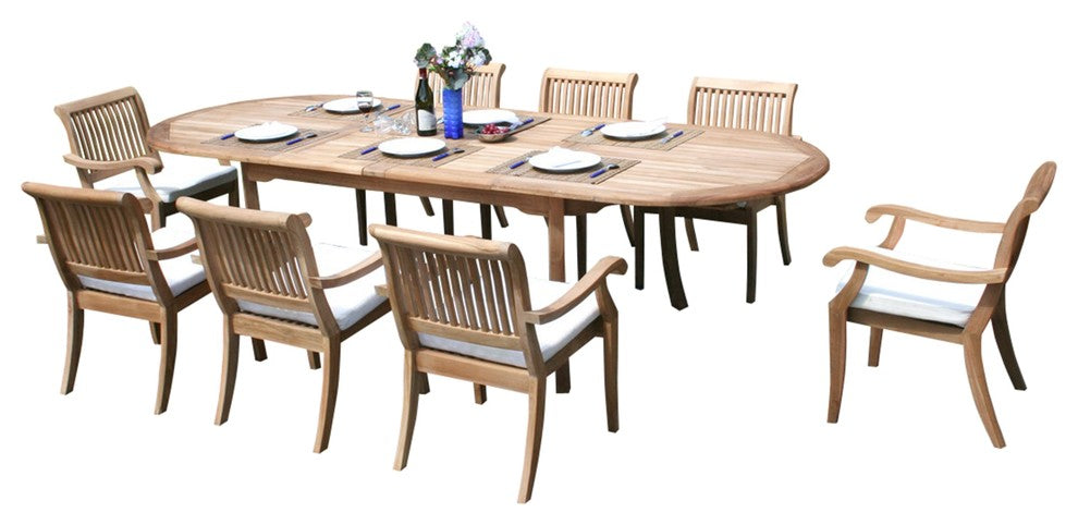 9-Piece Outdoor Teak Dining Set 94" Oval Extn Table, 8 Arbor Stacking Arm Chairs