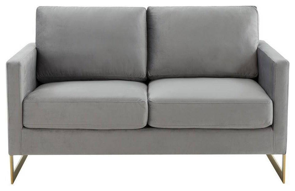 LeisureMod LA55LGR Lincoln Light Grey Mid-Century Velvet Loveseat Gold Frame
