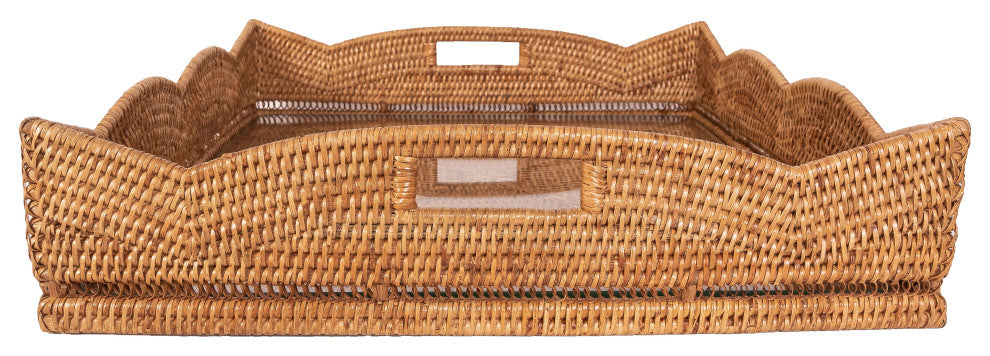 Artifacts Rattan™ Square Tray With Glass Insert, Honey Brown, 20"x20"x4.5"