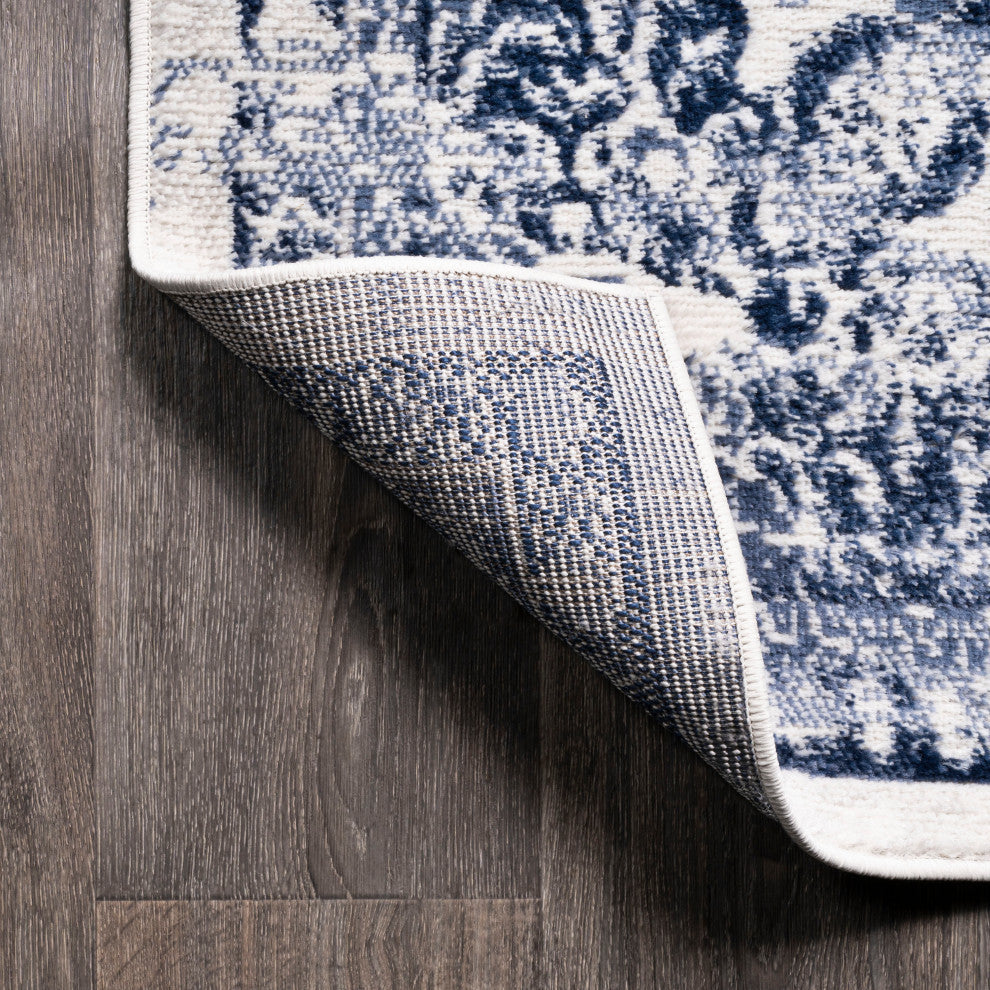 Alhambra Ornate Medallion Modern Runner Rug, Light Blue/Ivory, 2'x10'