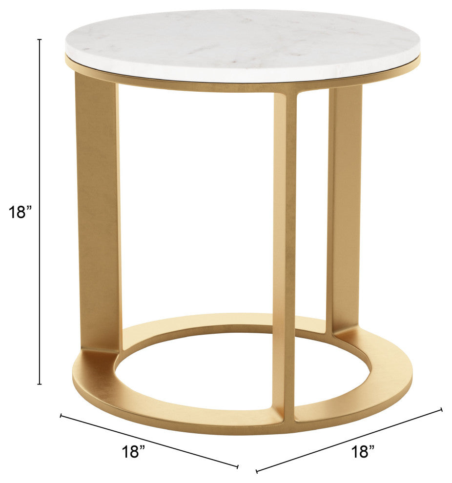 Sofa Side Table, Round, Artificial Marble, Aluminum Metal, White, Gold, Lounge