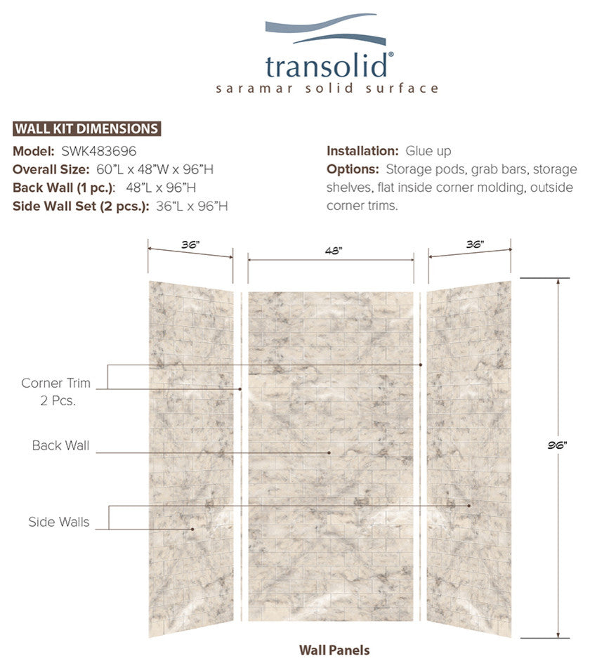 Transolid SaraMar 36"x48"x96" Glue to Wall 3-Piece Shower Wall Kit, Sand Creme