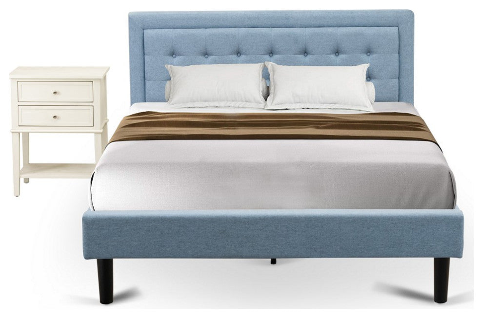 2Pc Platform Queen Bed Set, 1 Queen Wood Bed Frame, Night Stand, Denim Blue