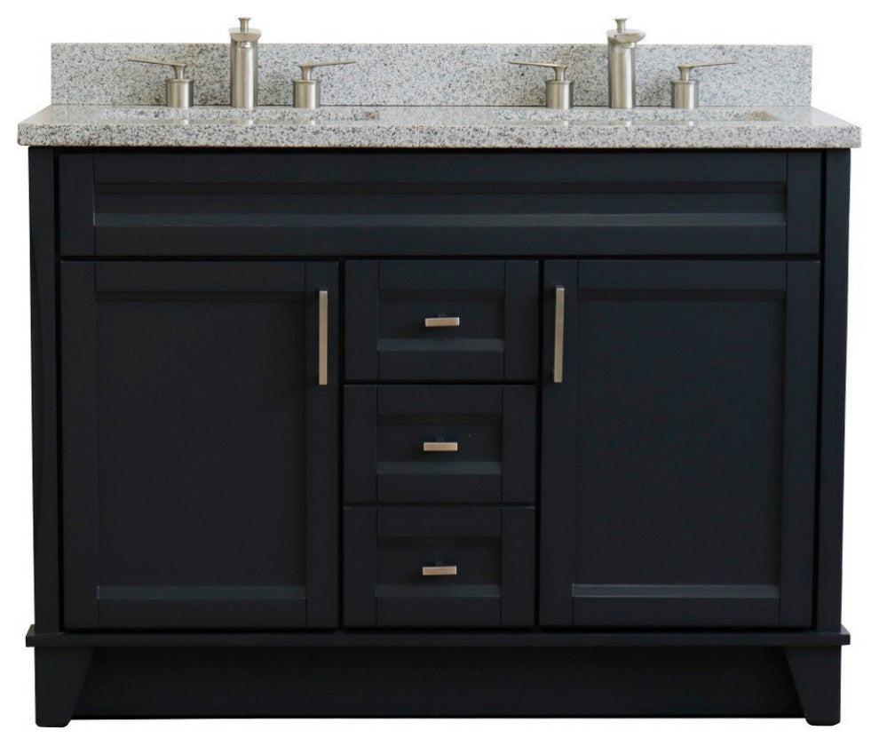 48" Double Sink Vanity, Dark Gray Finish With Gray Granite And Rectangle Sink