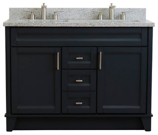 48" Double Sink Vanity, Dark Gray Finish With Gray Granite And Rectangle Sink