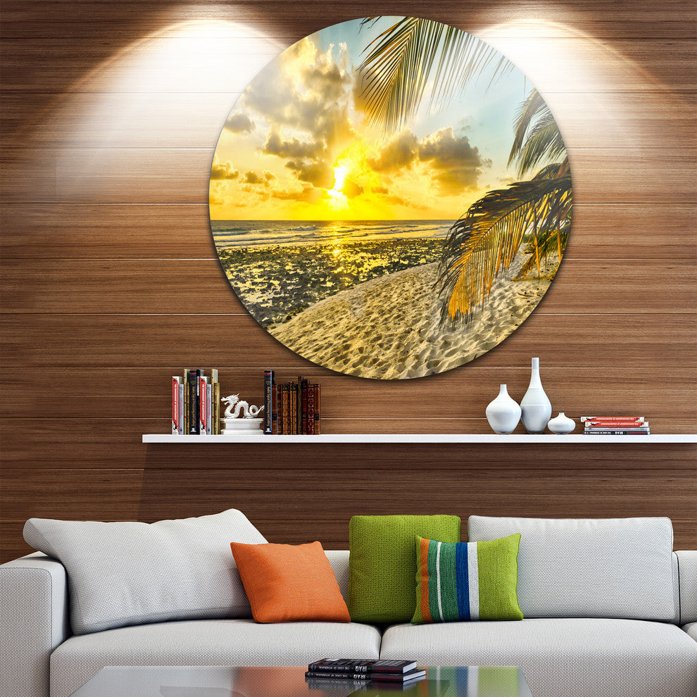 White Caribbean Beach With Palms, Landscape Disc Metal Wall Art, 11"