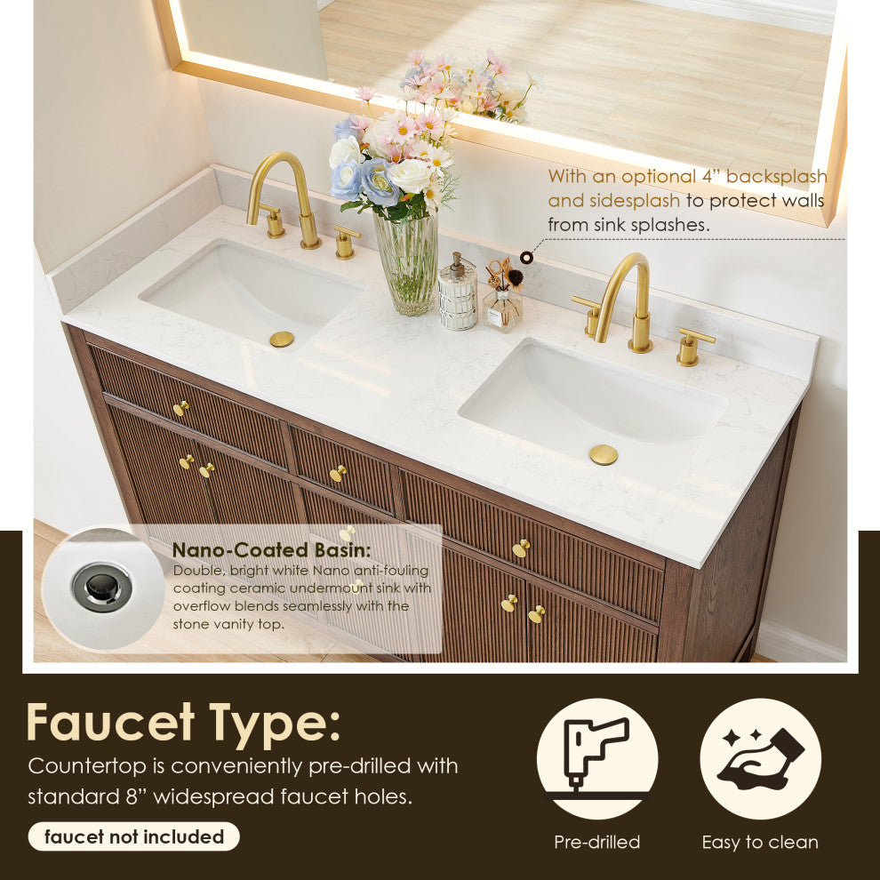 Cerrito Bathroom Vanity, Brown Brushed Oak, 60" Double, With Mirror