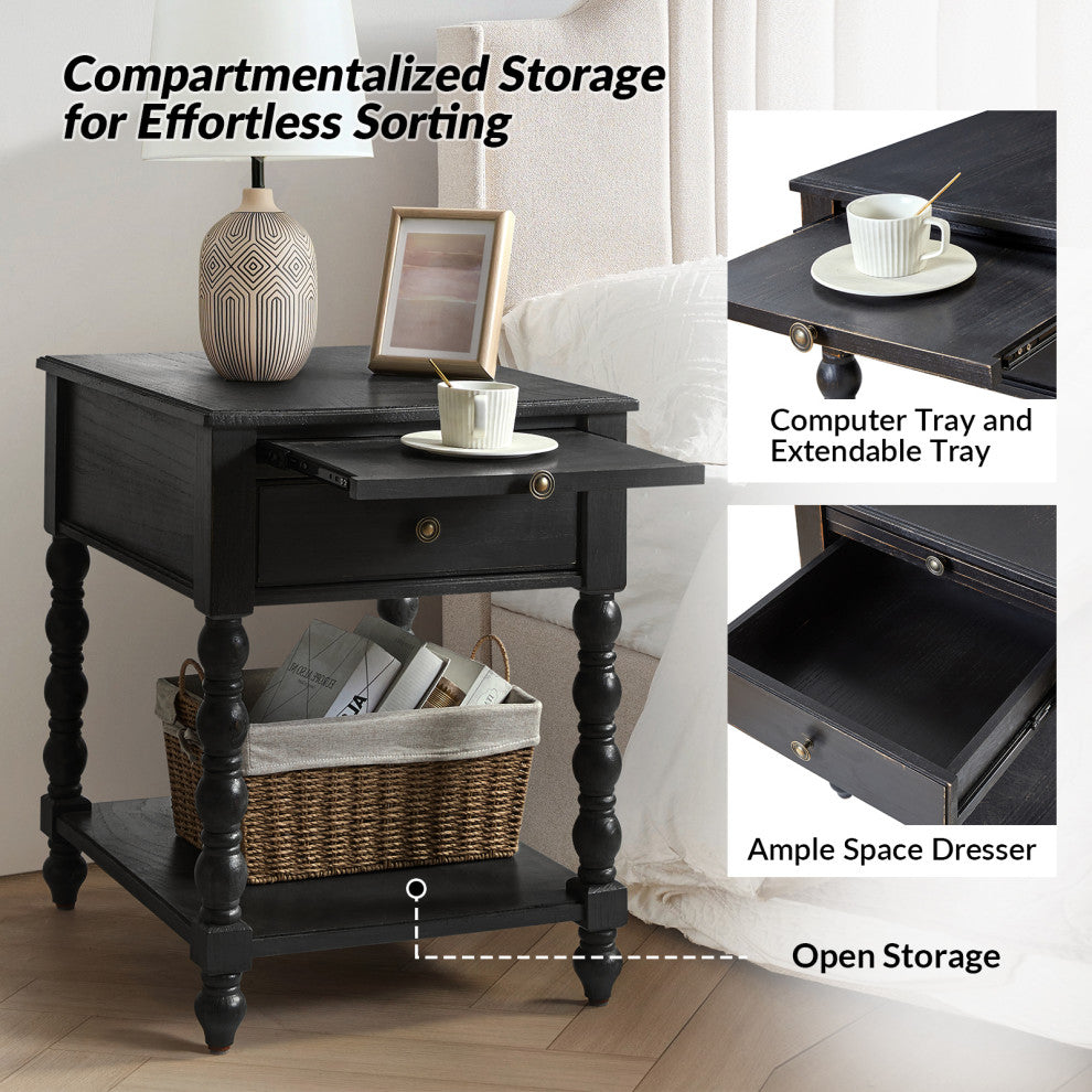 26"H Traditional/Farmhouse Style End Table, Charcoal