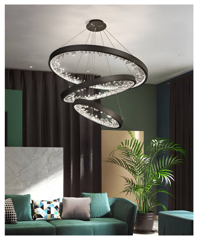 Altidona | Black Rings Modern Crystal Creative Luxury Hanging Led Chandelier, 3 Rings 4 Bases