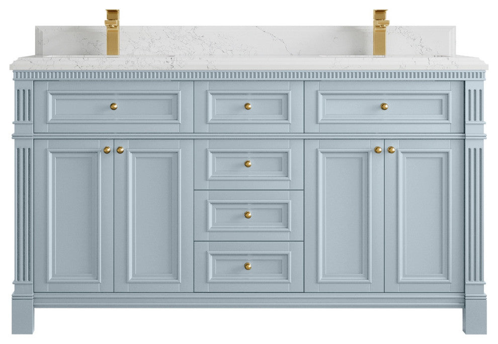 Paris 60" Double Sink Bathroom Vanity, Blue Heather 1.5" Empira Quartz