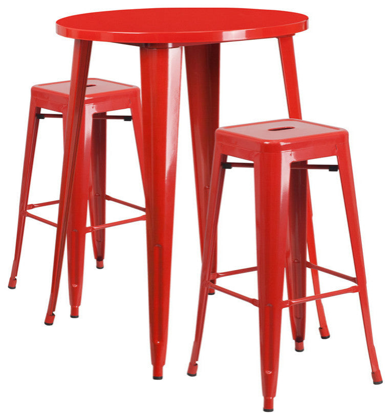 30'' Round Red Metal Indoor-Outdoor Bar Table-2 Sq Seat Backless Barstools