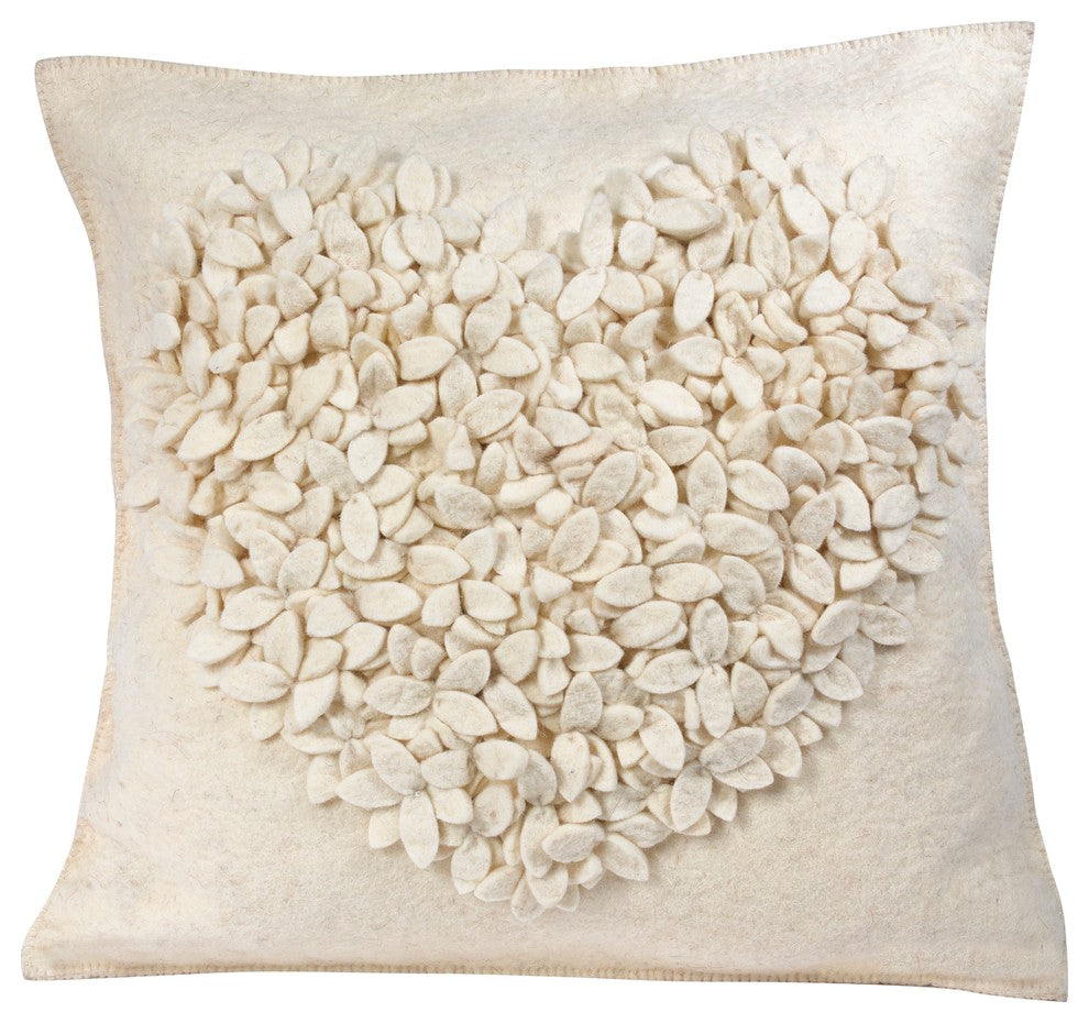 Hand Felted Wool Pillow Cover, Cream Heart on Cream, 20"