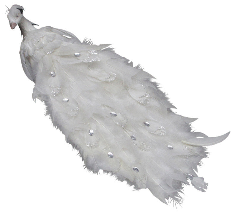 Regal Peacock Bird With Closed Tail Feathers Christmas Decoration, White, 21"