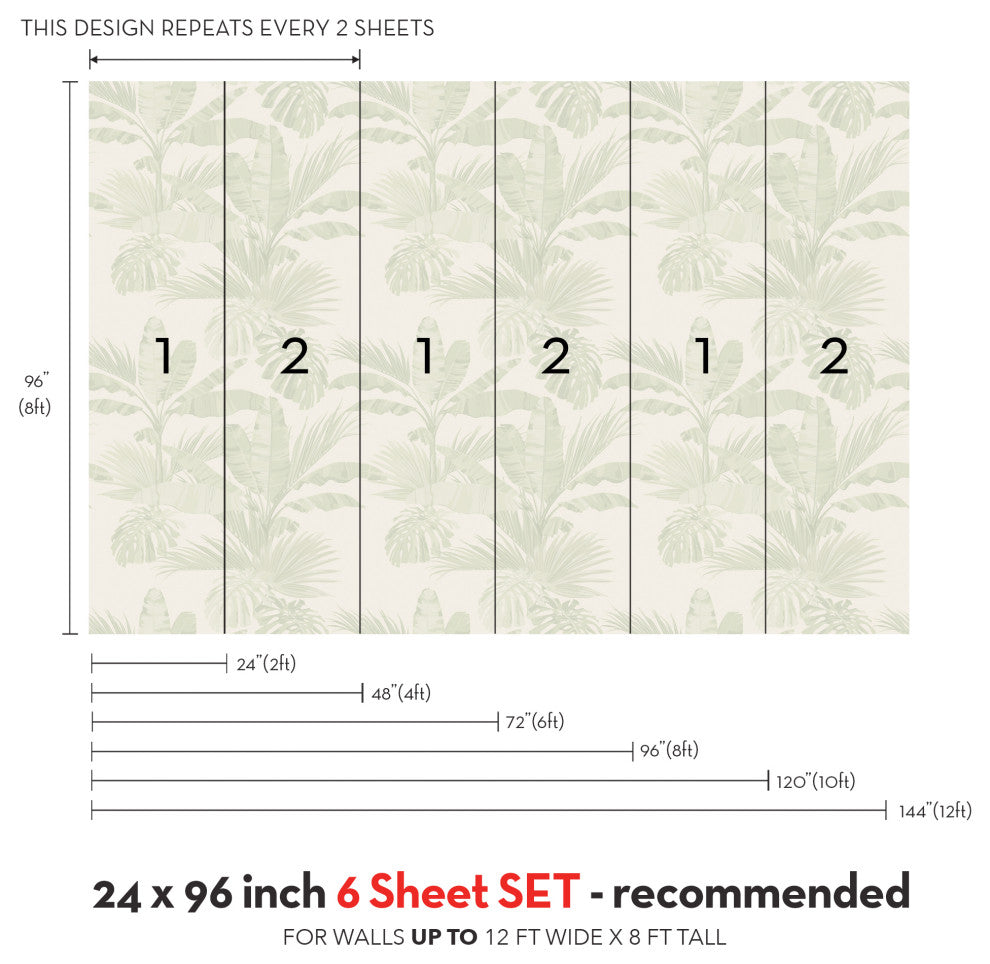 Oceanside Palm Leaves Vinyl Peel and Stick Mural, Green, 24"x96", 6 Pack