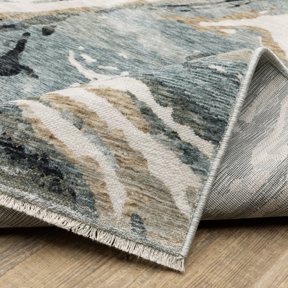 Easely Modern Abstract Elements Steel Blue/ Ivory Area Rug, 6'7" x 9'6"
