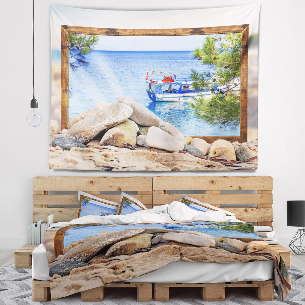 Framed Effect Boat in Ocean Seashore Wall Tapestry, 39"x32"