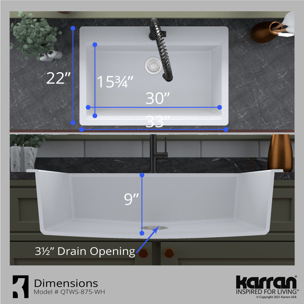 Karran Top Mount 33" Single Bowl Quartz Workstation Kitchen Sink, White