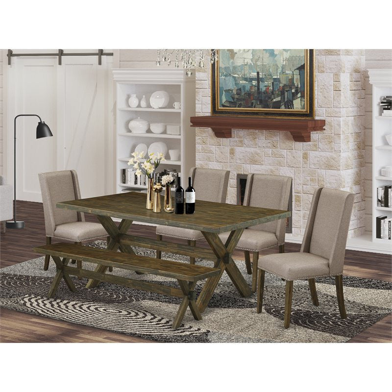 6-Piece Set, Dark Khaki Seat Chair Chairs, Bench and Top Table, and Jacobean