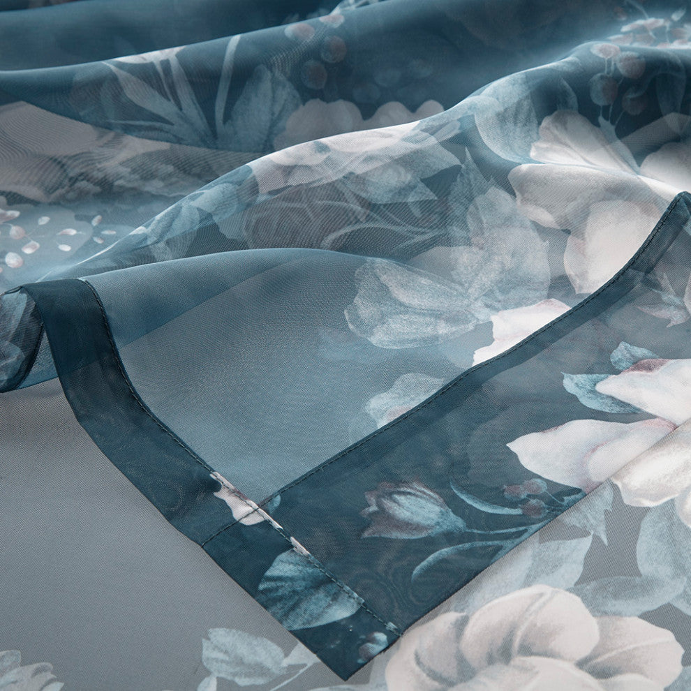 Madison Park Simone Printed Floral Twist Tab Top Voile Sheer Curtain, Navy